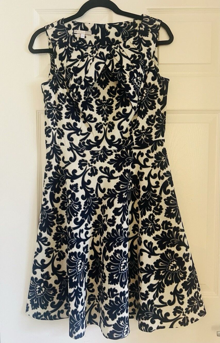 Signature Darby Fit Flare Dress Sz 8 Navy Blue Cream Floral Regency Romantic EUC